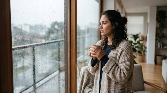 Mulher em ambiente interno aconchegante olhando pela janela com chuva leve de inverno, segurando caneca quente em atmosfera minimalista e confort&aacute;vel