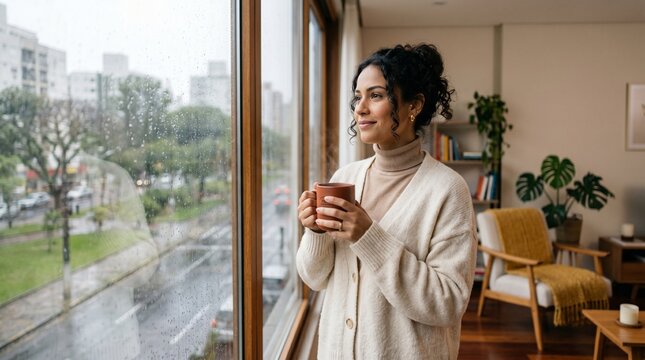 Mulher em ambiente interno aconchegante olhando pela janela com chuva leve de inverno, segurando caneca quente em atmosfera minimalista e confort&aacute;vel