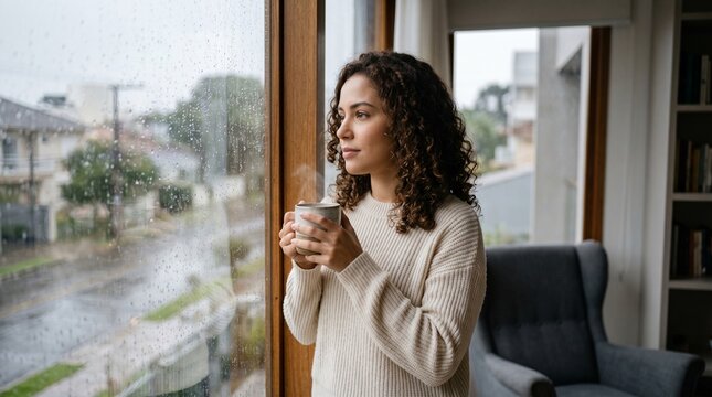 Mulher em ambiente interno aconchegante olhando pela janela com chuva leve de inverno, segurando caneca quente em atmosfera minimalista e confort&aacute;vel