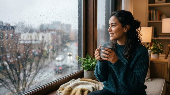 Mulher em ambiente interno aconchegante olhando pela janela com chuva leve de inverno, segurando caneca quente em atmosfera minimalista e confort&aacute;vel