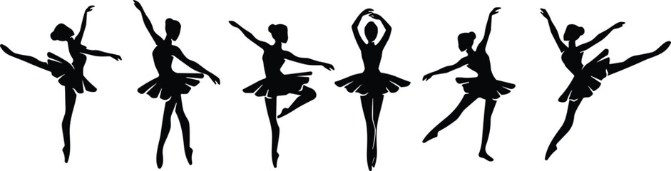 Collection of elegant ballerina silhouettes dancing in various classical poses isolated on a white background for dance school design © MdMamunur