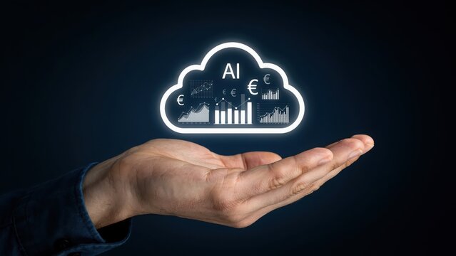 A hand holding a glowing cloud with ai artificial intelligence and euro symbols