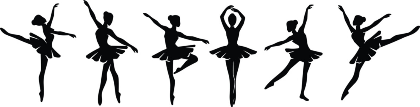 Collection of elegant ballerina silhouettes dancing in various classical poses isolated on a white background for dance school design