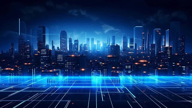 Digital technology dark blue modern city theme background