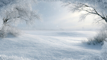 Fototapeta premium snowy landscape bathed in soft silver winter sunlight, featuring an open frozen field under a gentle snowfall framed by ice crystals and frost-covered trees.