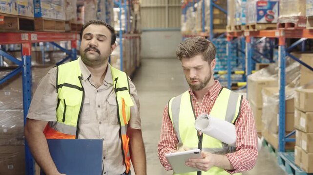 Two warehouse workers collaborate discussing inventory details within brightly lit industrial storage facility filled with boxes and equipment for efficient logistics operations.