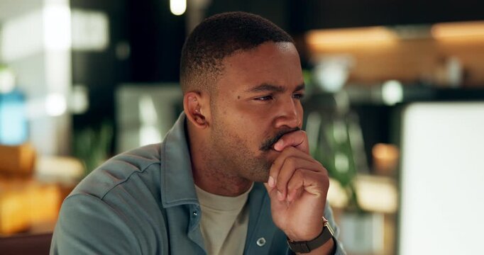 Thinking, black man and remote work in home with computer, research or ideas for copywriting. Male person, freelancer or vision at house with pc, proofreading and problem solving for story submission