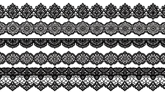 collection of vintage black lace borders, ornamental decorative elements, elegant fabric patterns, delicate design accents