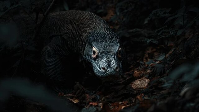 A dark, detailed image of a Komodo dragon emerging from shadow, face forward