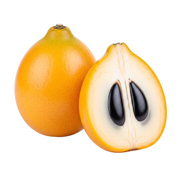 Whole and sliced caimito fruit isolated on transparent canvas.