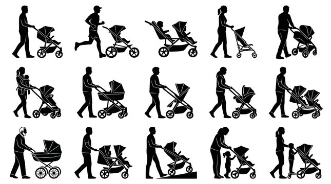 Family  Parenting Baby Strollers Silhouette Vector Icon Set. Parents and Children with Prams and Pushchairs Lifestyle Collection.