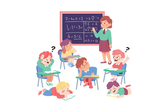 Colorful vector cartoon illustration of an elementary school classroom scene, featuring a female teacher writing complex math equations on a blackboard