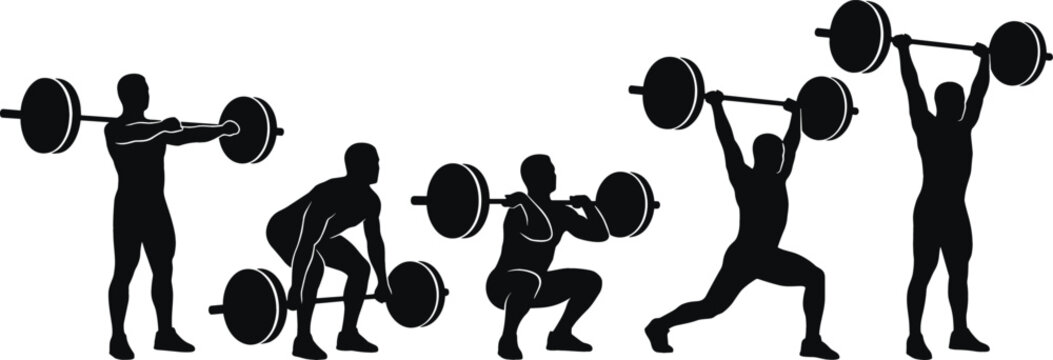 Weightlifting and Powerlifting Silhouette Icon Set with Barbell Exercise Steps for Gym Fitness Cross Training Bodybuilding and Workout Vector Designs