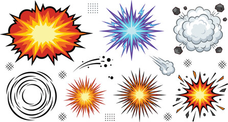 Fototapeta premium Comic Book Explosion and Bomb Blast Effect Vector Set with Smoke Clouds Flash Sparks and Energy Burst Symbols for Graphic Design Projects