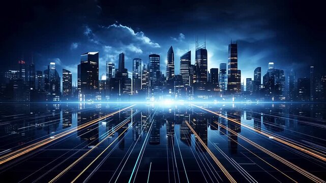 Digital technology dark blue modern city theme background