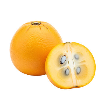 Whole and sliced fresh star apple fruit on transparent plane.
