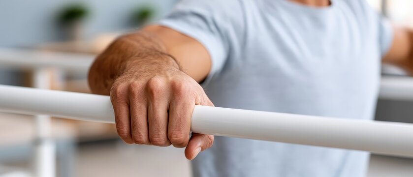 A hand holds onto a rehabilitation parallel bar, showing tension and effort during a therapy session in a neutral setting