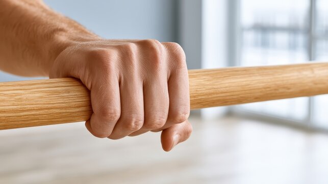 A hand holds onto a rehabilitation parallel bar, showing tension and effort during a therapy session in a neutral setting