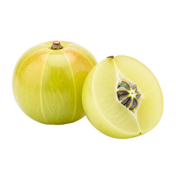Whole and sliced green amla fruit isolated on transparent png.