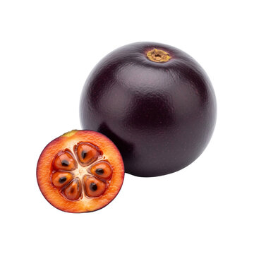 Whole and sliced purple jabuticaba fruit isolated on white bg.