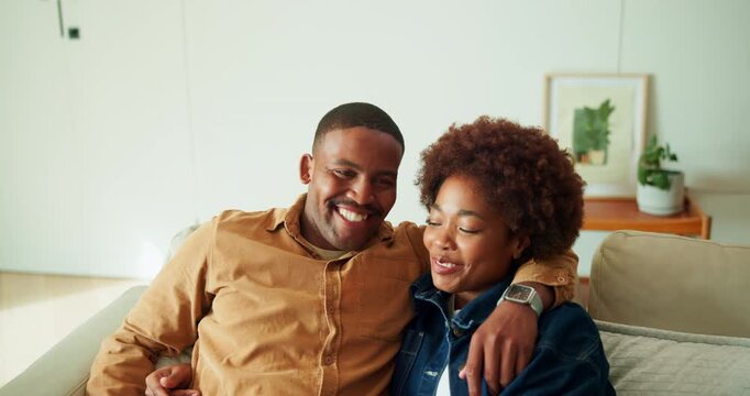 Face, hug and happy couple with remote on couch, home and bonding with partner in lounge or support. Black people, embrace and affection for spouse in living room, watching tv and smile in apartment