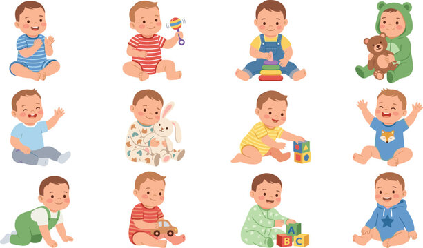 Cute cartoon baby collection playing with educational abc blocks stacking rings rattles wooden cars and hugging plush teddy bears and rabbits