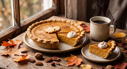 Freshly Baked Homemade Pumpkin Pie Slice with Whipped Cream on Rustic Wooden Table by Autumn Window