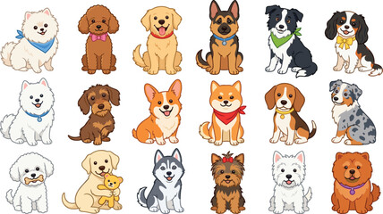 Obraz premium Cute cartoon dog breeds character set featuring popular pedigree puppies like golden retriever, german shepherd, corgi, siberian husky, poodle, and pomeranian