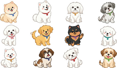 Fototapeta premium Cute cartoon fluffy dog breeds character bundle featuring happy domestic puppies like pomeranian, samoyed, maltese, bichon frise, and shih tzu wearing colorful collars