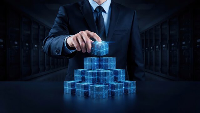 Businessman building a digital tower with blue glowing technology cubes in server room