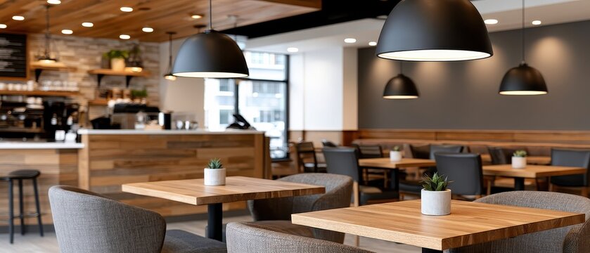 A small coffee shop interior features wooden tables and a bar counter, welcoming customers with soft sunlight and minimal seating