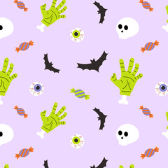Obraz premium Spooky seamless pattern with zombie hands skull and candy for autumn party celebration on purple background. Halloween holiday decorative background fabric ornament