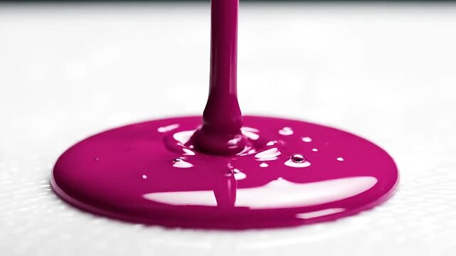 Magenta liquid pours onto a white surface creating a smooth circular puddle of vibrant paint.