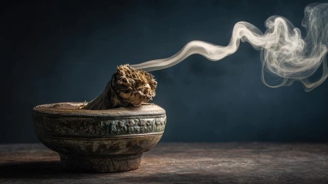 A smoking bundle sits in a decorative bowl with billowing smoke against a dark background