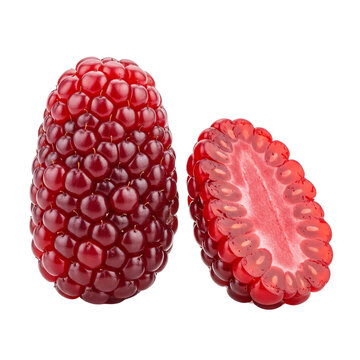 Whole and sliced red raspberry isolated on transparent background.