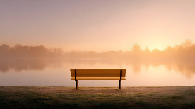 Empty Wooden Park Bench Facing a Calm Misty Lake at Sunrise 