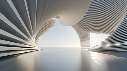 Fototapeta premium Abstract 3D render of a futuristic outdoor pavilion with twisting layered white geometric structures under a clear sky