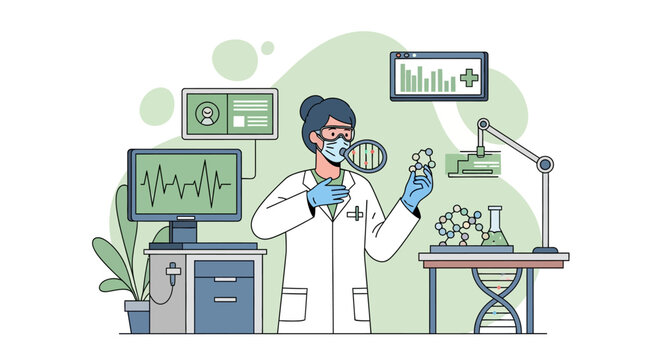 Scientist in laboratory examining DNA sample with microscope and computer data.