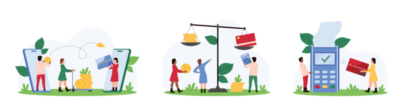 Money transaction, remittance and online cashless payment set. Tiny people transfer gold in bank mobile app, weigh credit card and coins on scales, pay with POS machine cartoon vector illustration