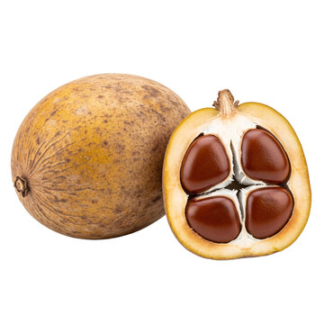 Whole and split sapodilla fruit showing seeds on transparent.