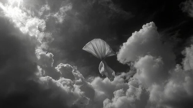 A monochromatic image shows a kite floating amongst vast, dramatic clouds in a dark sky