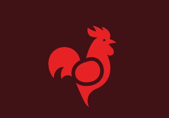 Minimalist red rooster logo isolated on dark burgundy background © pikri