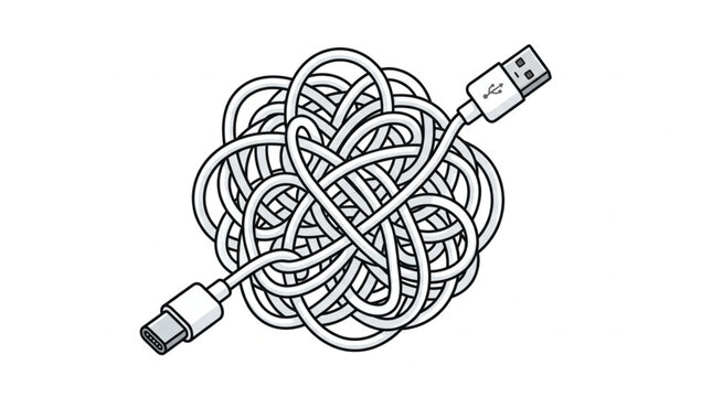 Tangled USB cable with connectors on white background.