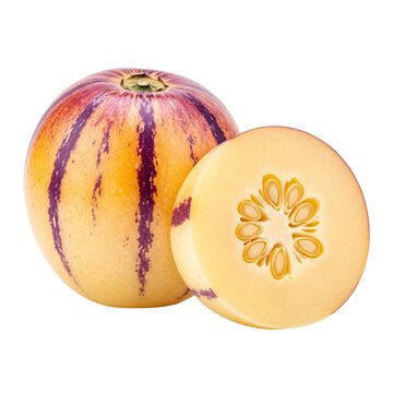 Whole pepino melon fruit with half isolated on transparent background.
