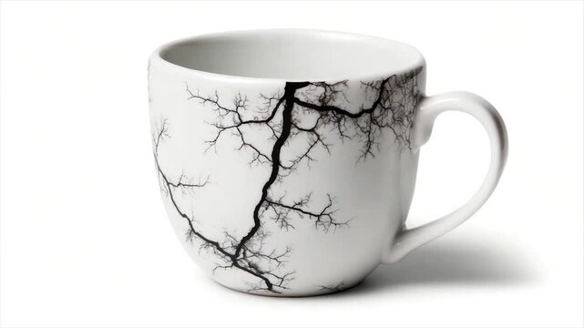 A white ceramic mug with black branching pattern on surface and a handle