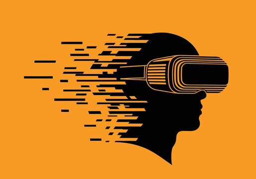 Minimalist silhouette of person wearing VR headset with glitch effect