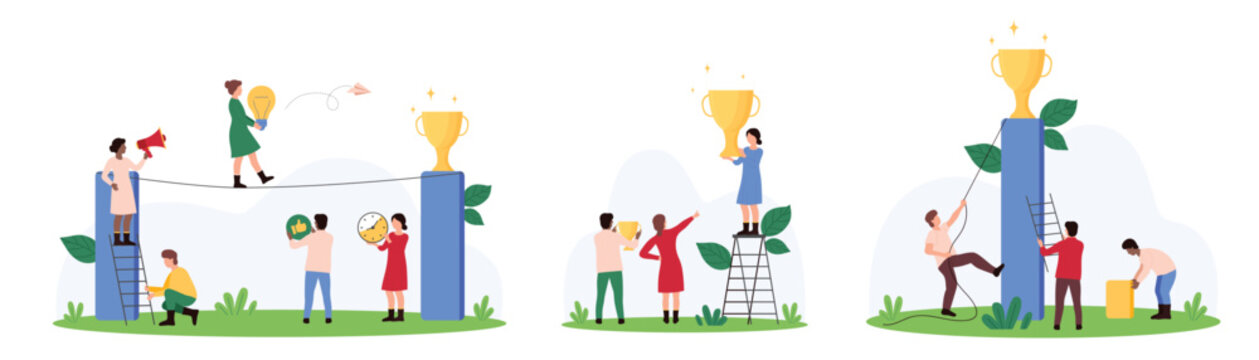 Achievement award for business team, victory in competition, champion challenge set. Tiny people carry light bulb through obstacles to gold cup, climb to top to win prize cartoon vector illustration