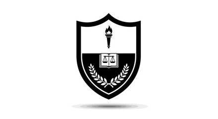 Naklejka premium Black and white heraldic shield emblem featuring a torch and law scales icon.