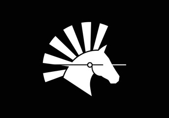 Minimalist white horse head logo with geometric sun mane design © pikri