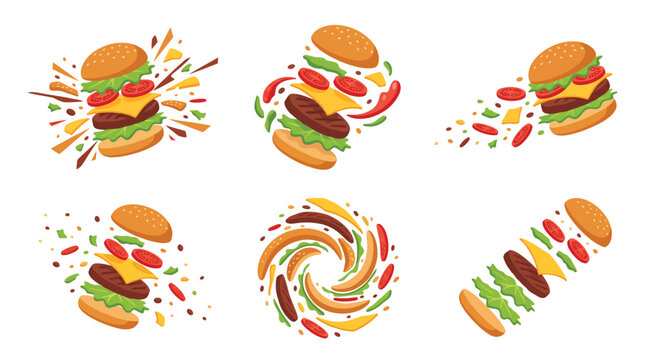 Deconstructed burger illustrations swirling with ingredients and scattered food particles on white.
